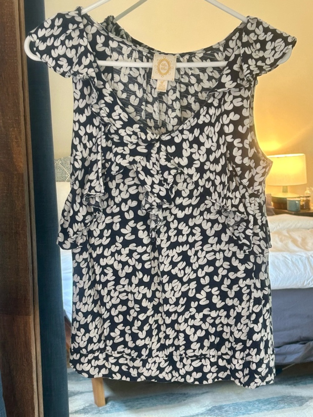 Anthropologie Rio Rao Navy & White Leaf Print Ruffle Blouse - Small
